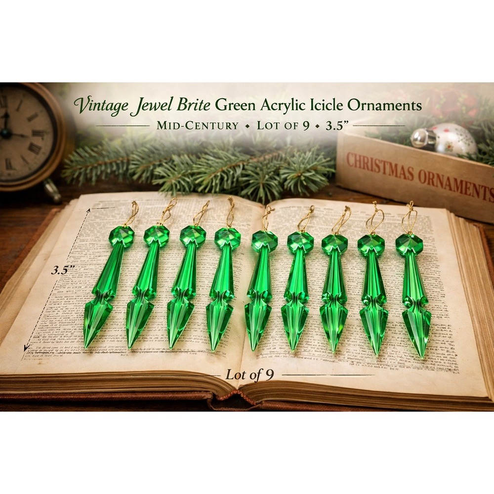 Vintage Jewel Brite Green‎ Acrylic Icicle Ornaments Mid-Century Lot of 9 3.5"